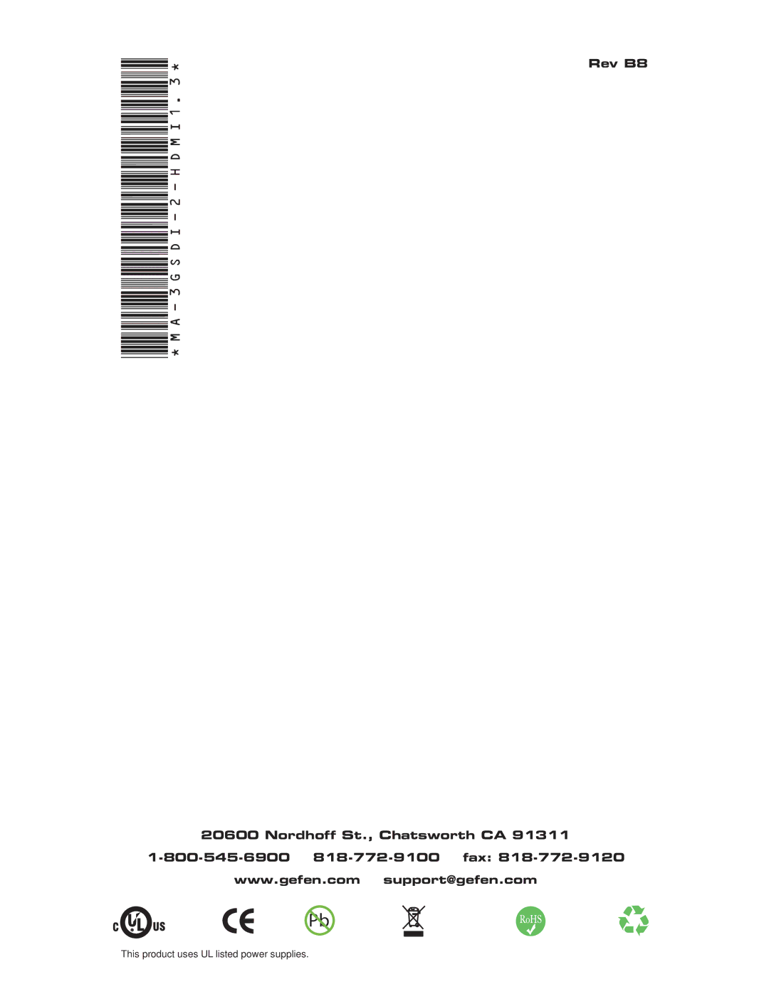 Gefen EXT-3GSDI-2-HDMI1.3 user manual Rev B8 Nordhoff St., Chatsworth CA 