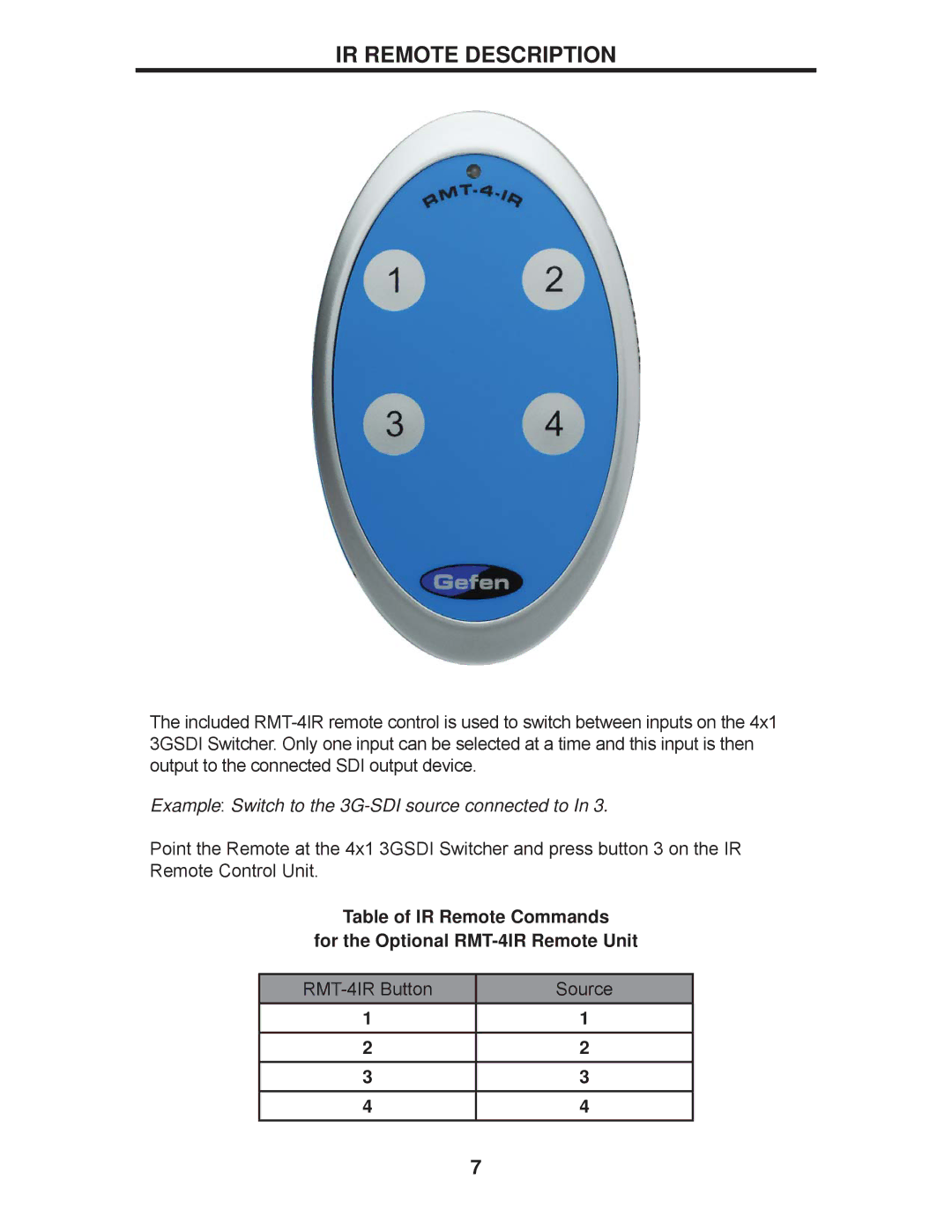 Gefen EXT-3GSDI-441 user manual IR Remote Description, Example Switch to the 3G-SDI source connected to 