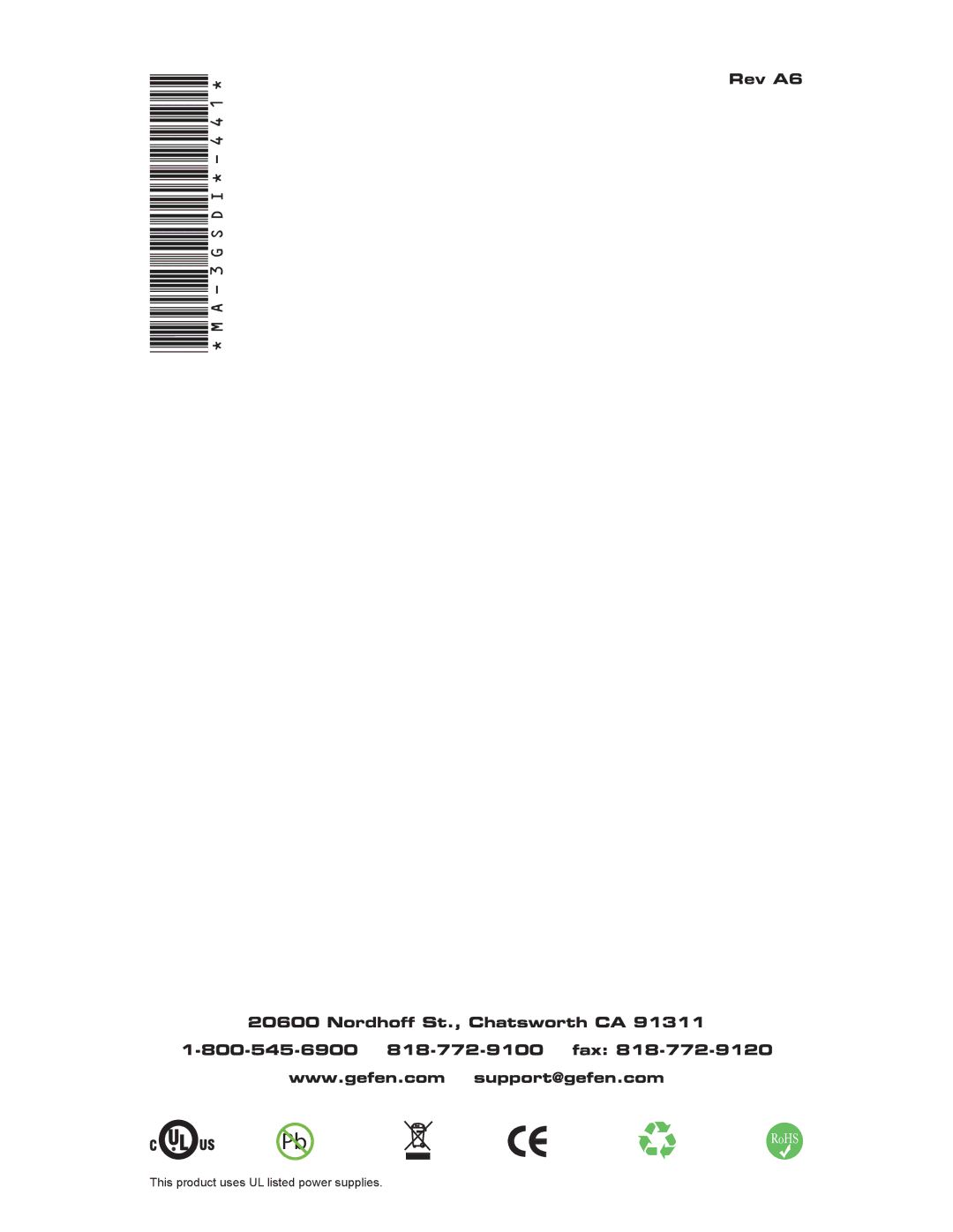 Gefen EXT-3GSDI-441 user manual This product uses UL listed power supplies 