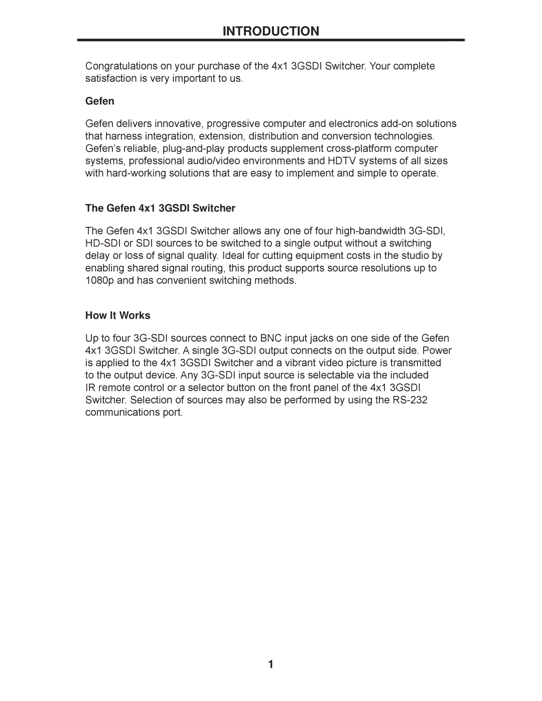 Gefen EXT-3GSDI-441 user manual Introduction, Gefen 4x1 3GSDI Switcher, How It Works 