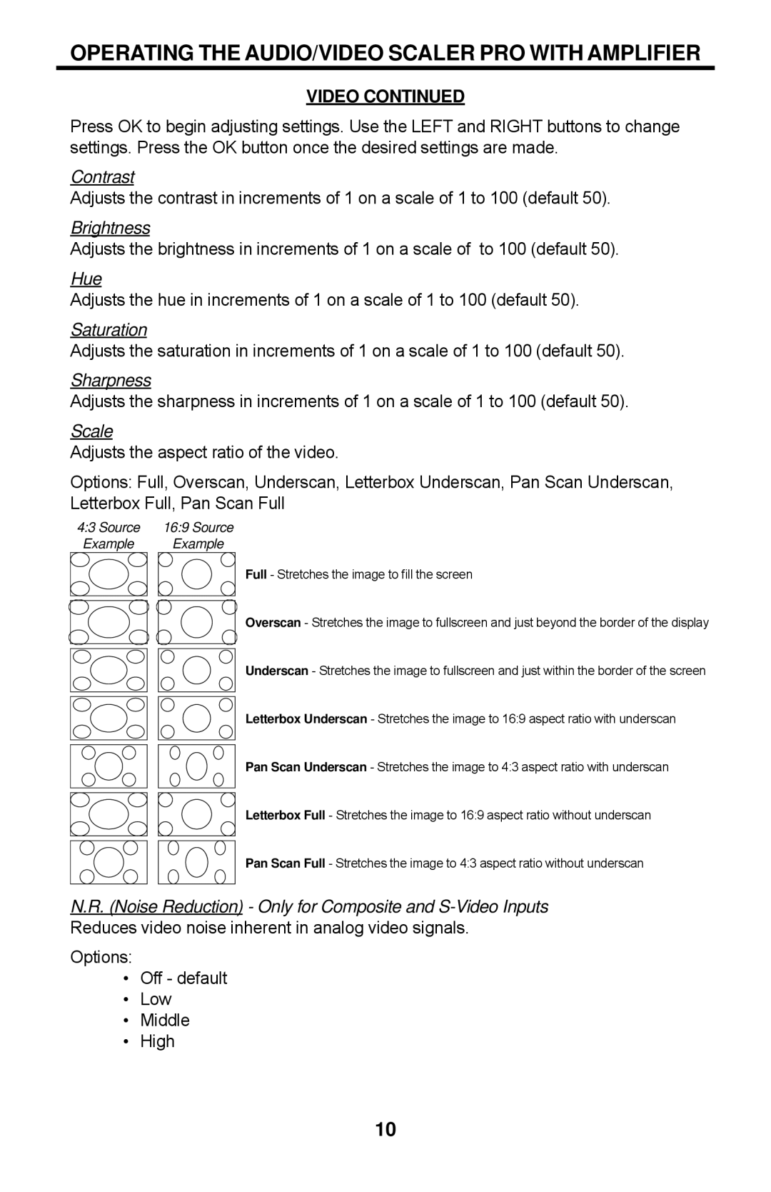 Gefen EXT-AVSCALER-PRO user manual Contrast, Brightness, Hue, Saturation, Sharpness, Scale 