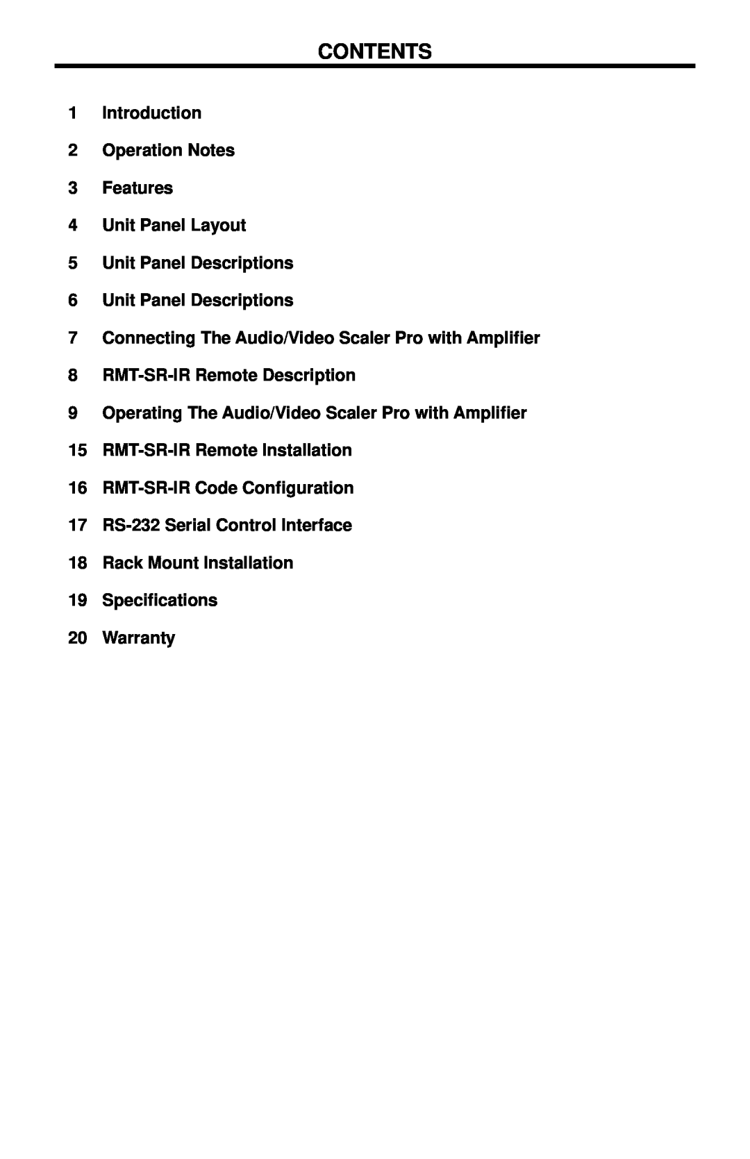 Gefen EXT-AVSCALER-PRO Contents, 1Introduction 2Operation Notes 3Features, 4Unit Panel Layout 5Unit Panel Descriptions 