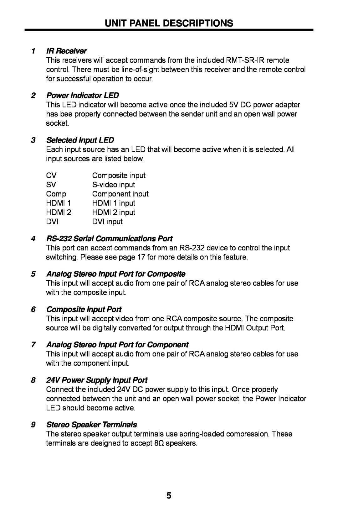 Gefen EXT-AVSCALER-PRO user manual Unit Panel Descriptions, 1IR Receiver, 2Power Indicator LED, 3Selected Input LED 
