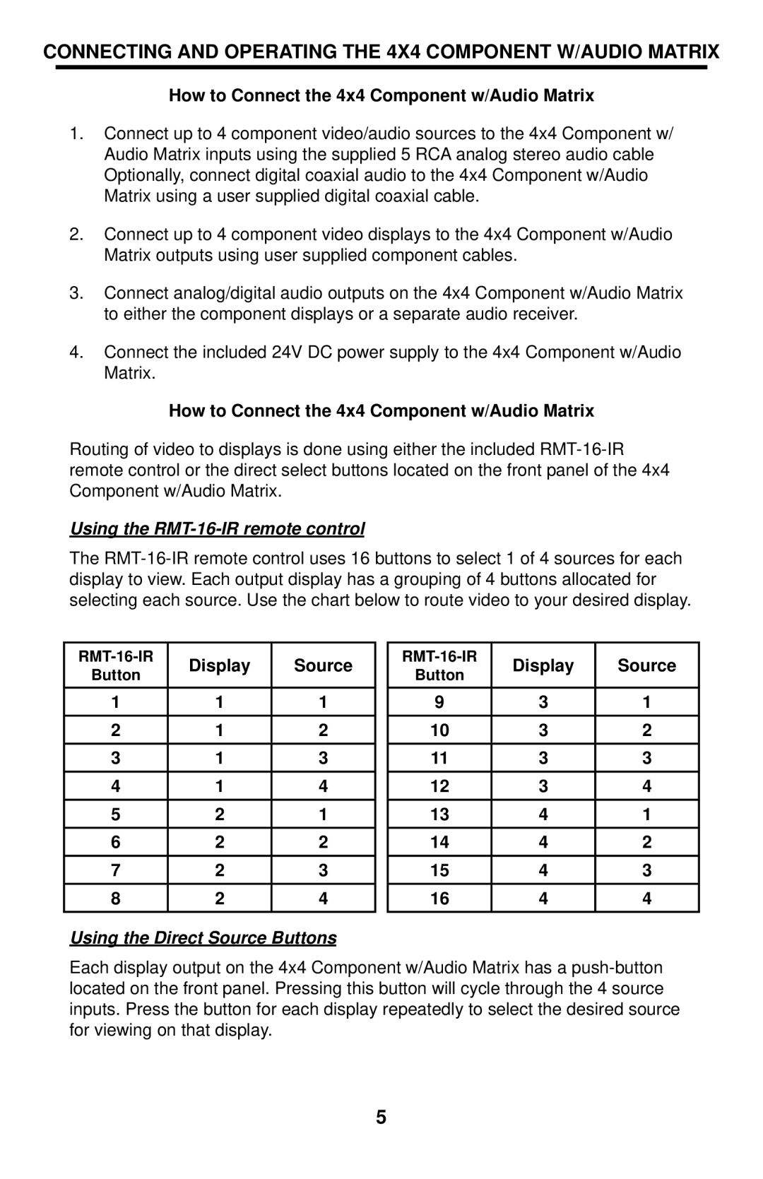 Gefen EXT-COMPAUD-44424 user manual How to Connect the 4x4 Component w/Audio Matrix, Display Source 