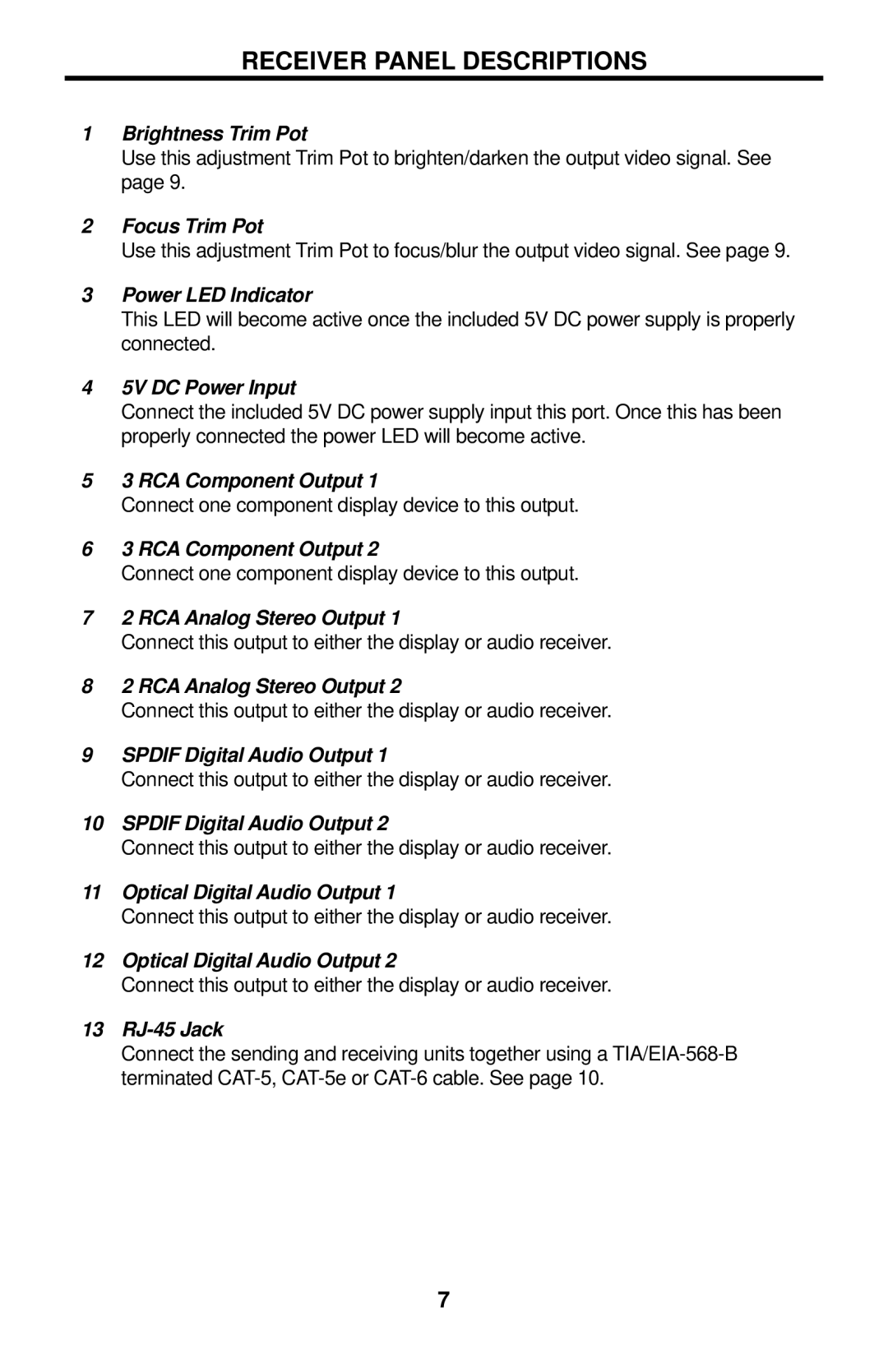 Gefen EXT-COMPAUD-CAT5-142 user manual Receiver Panel Descriptions, 13 RJ-45 Jack 