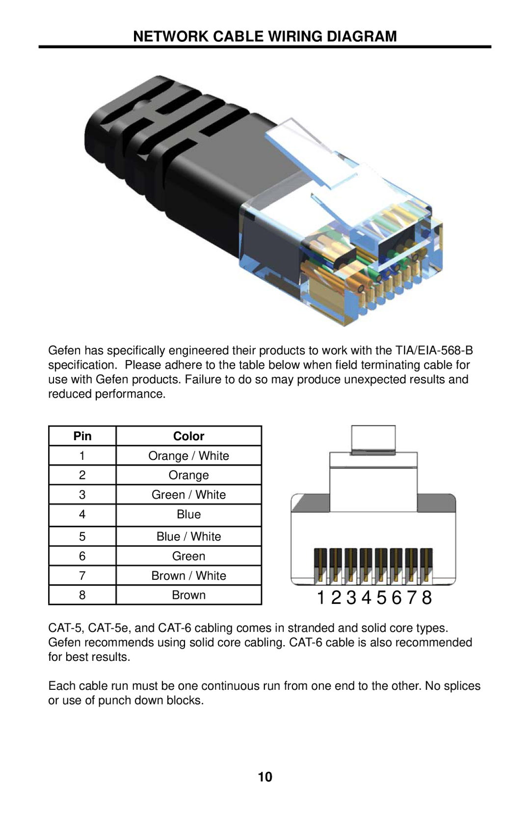 Gefen EXT-COMPAUD-CAT5-142 user manual Network Cable Wiring Diagram, Pin Color 