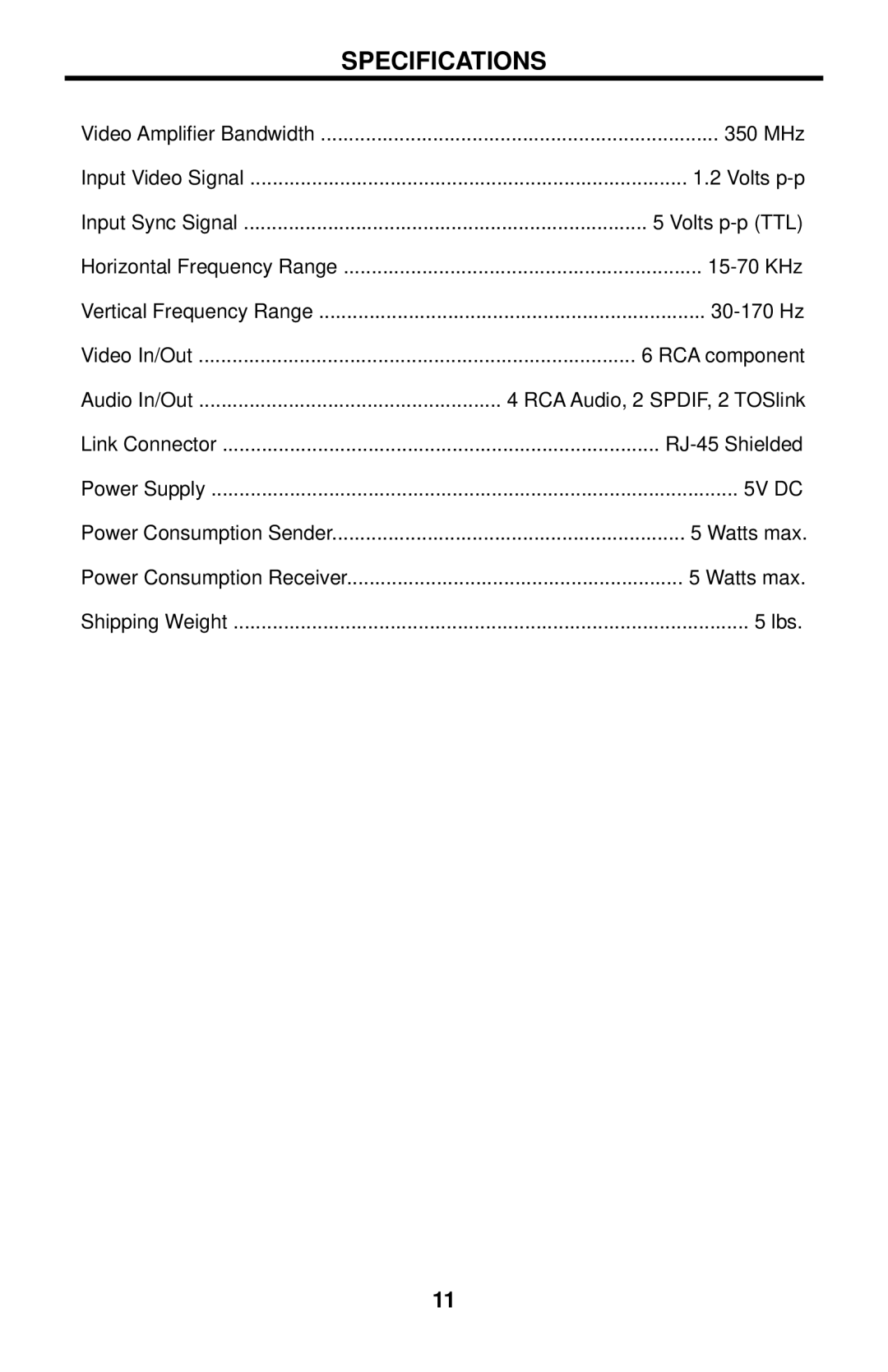 Gefen EXT-COMPAUD-CAT5-142 user manual Specifications 