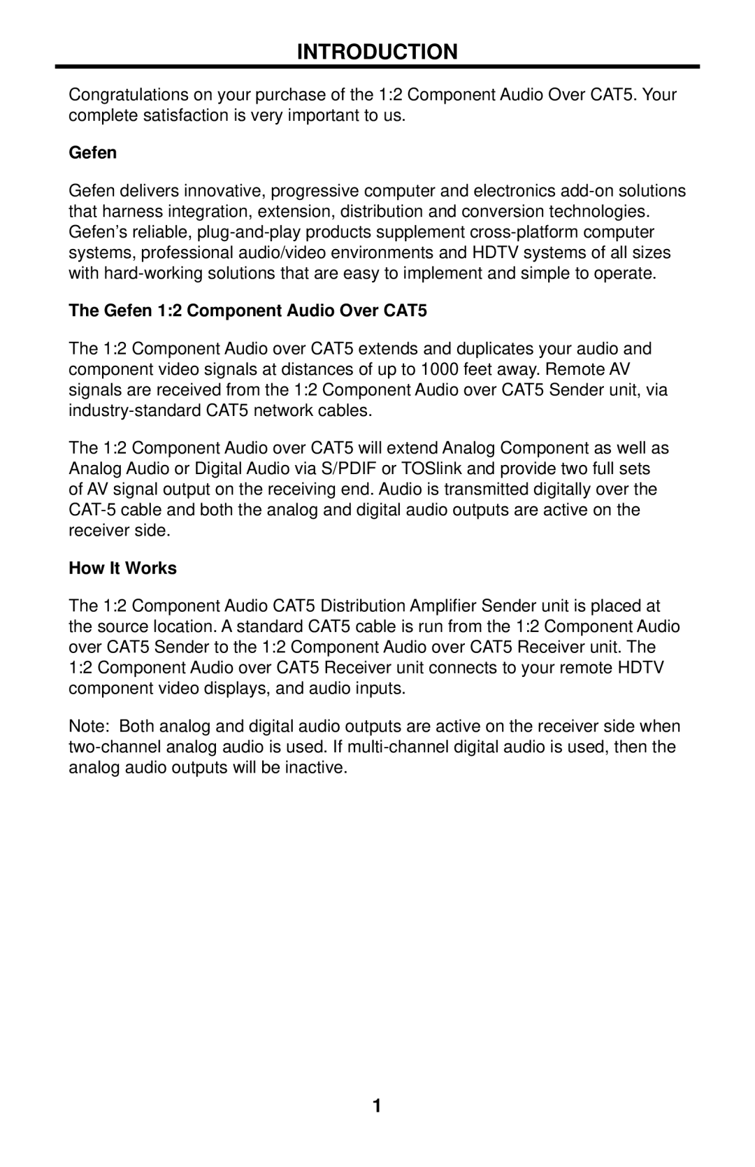 Gefen EXT-COMPAUD-CAT5-142 user manual Introduction, Gefen 12 Component Audio Over CAT5, How It Works 