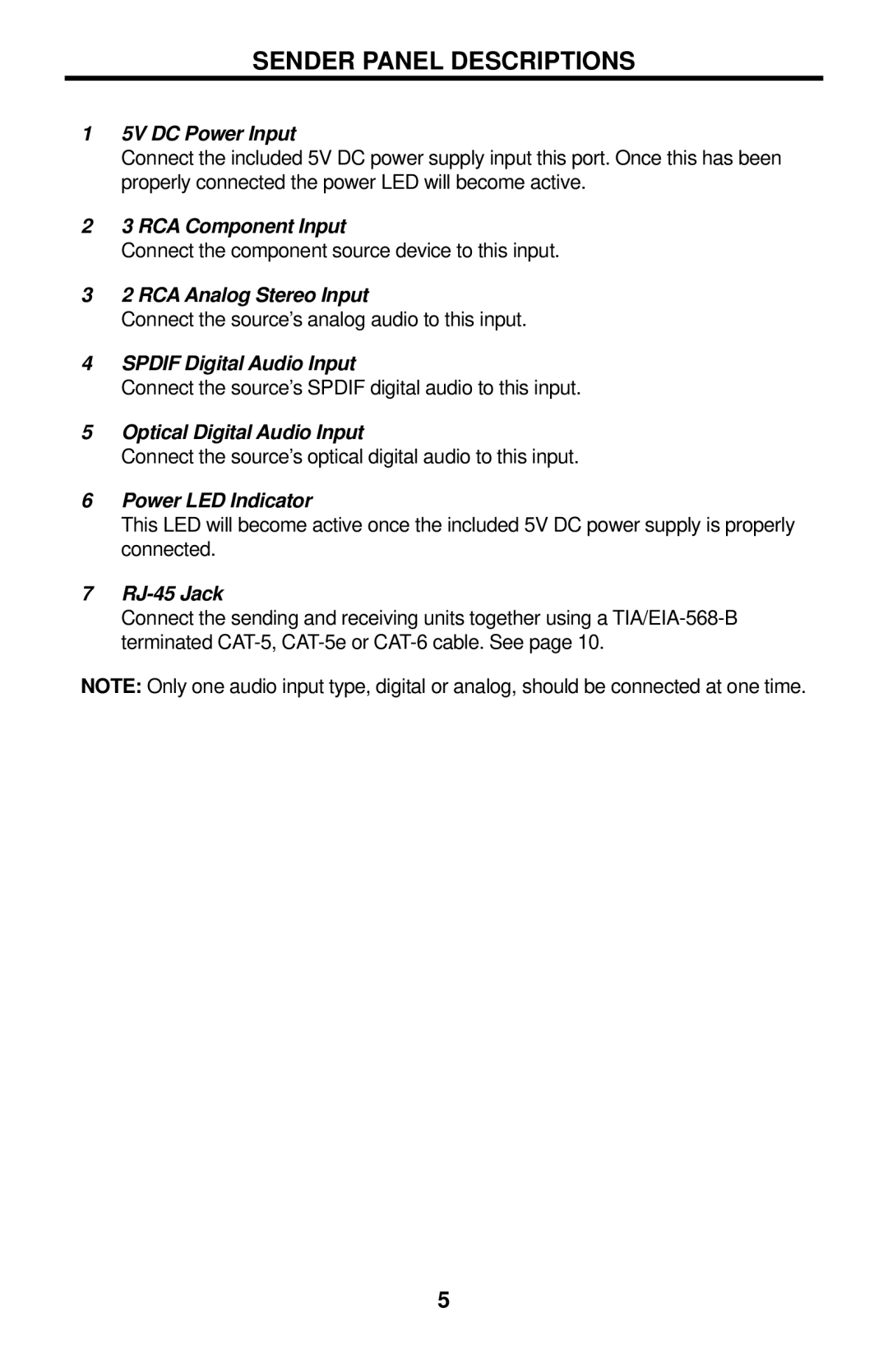 Gefen EXT-COMPAUD-CAT5-142 user manual Sender Panel Descriptions, 5V DC Power Input 