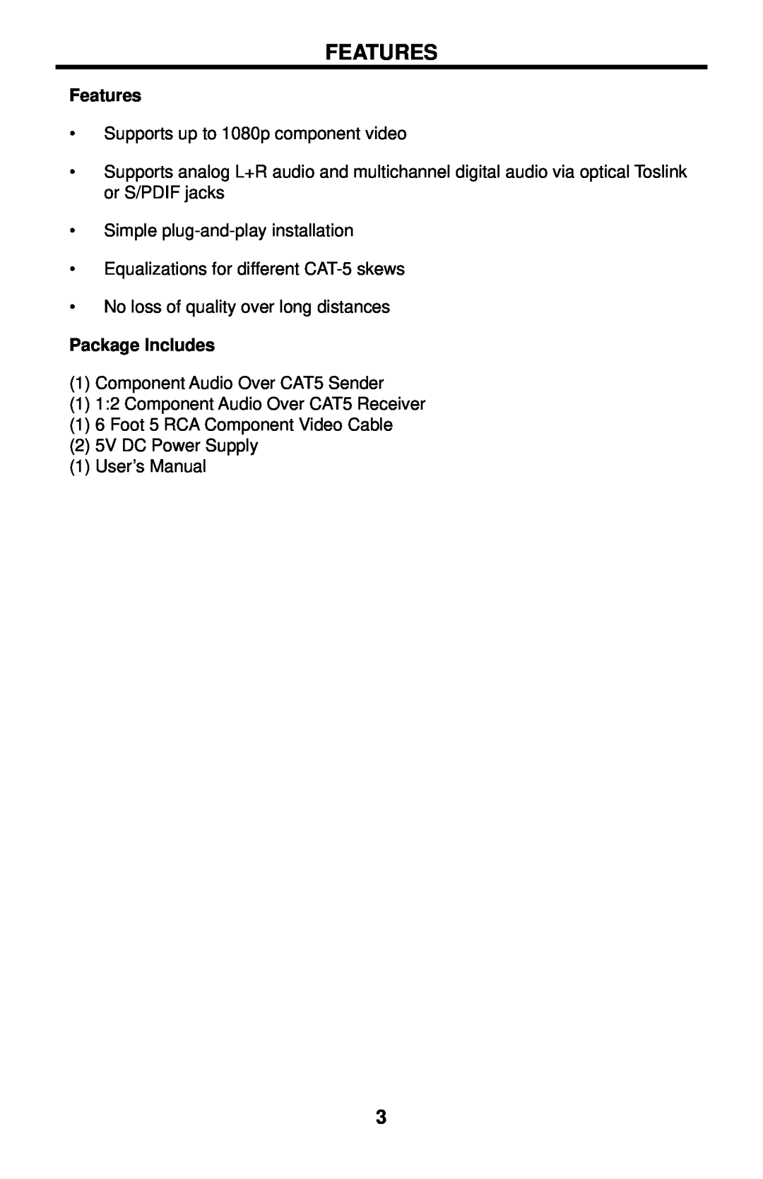 Gefen EXT-COMPAUD-CAT5-142 user manual Features, Package Includes 