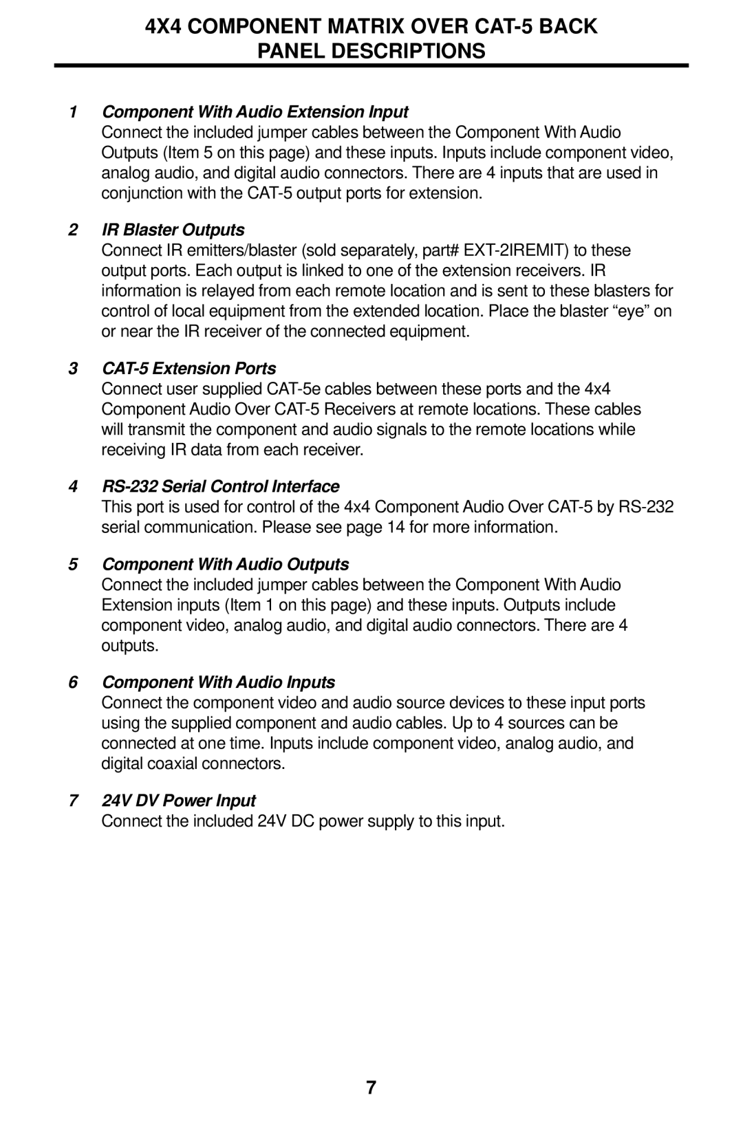 Gefen EXT-COMPAUD-CAT5-444 user manual 4X4 Component Matrix Over CAT-5 Back Panel Descriptions 