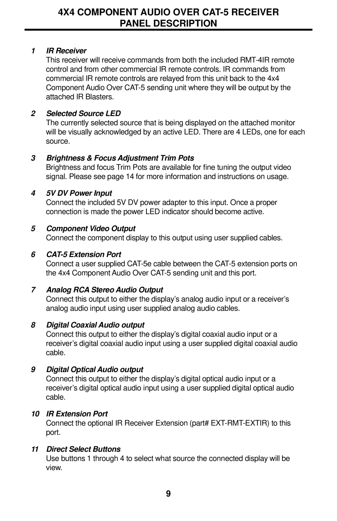 Gefen EXT-COMPAUD-CAT5-444 user manual 4X4 Component Audio Over CAT-5 Receiver Panel Description 