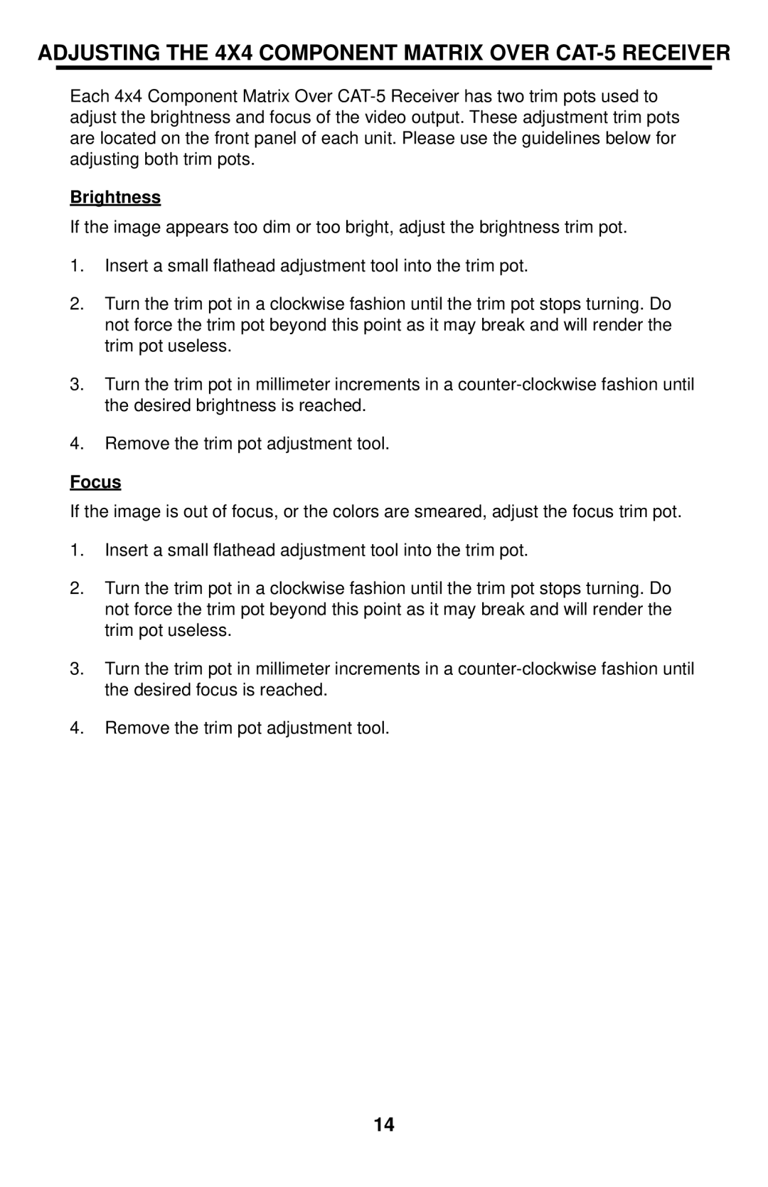 Gefen EXT-COMPAUD-CAT5-444 user manual Adjusting the 4X4 Component Matrix Over CAT-5 Receiver, Brightness, Focus 