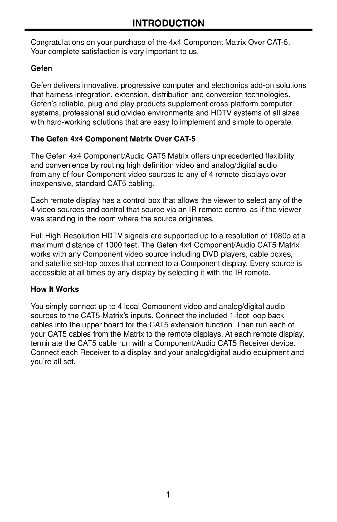 Gefen EXT-COMPAUD-CAT5-444 user manual Introduction, Gefen 4x4 Component Matrix Over CAT-5, How It Works 