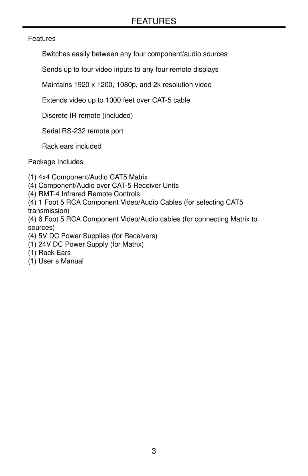 Gefen EXT-COMPAUD-CAT5-444 user manual Features, Package Includes 