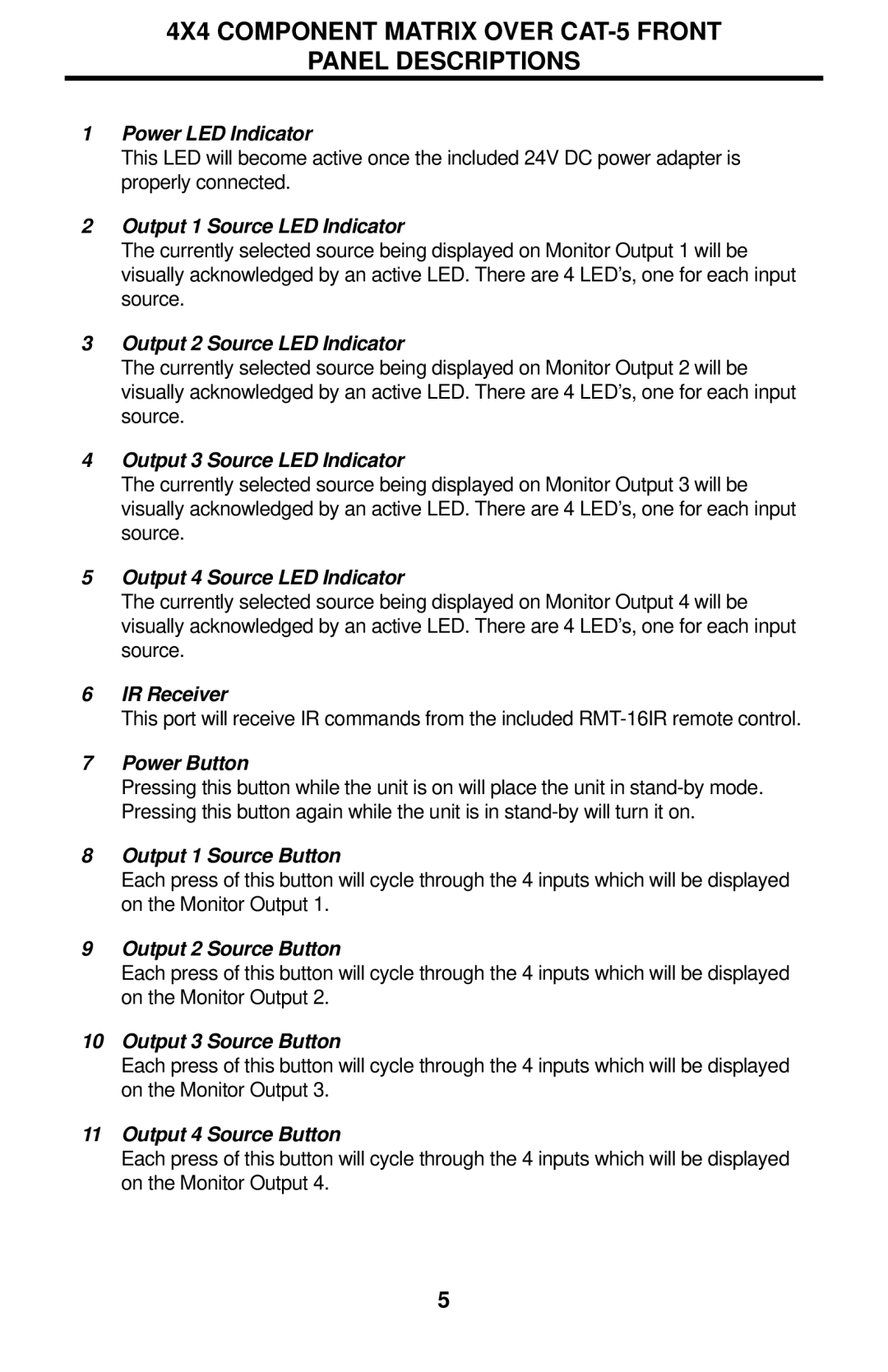 Gefen EXT-COMPAUD-CAT5-444 user manual 4X4 Component Matrix Over CAT-5 Front Panel Descriptions 