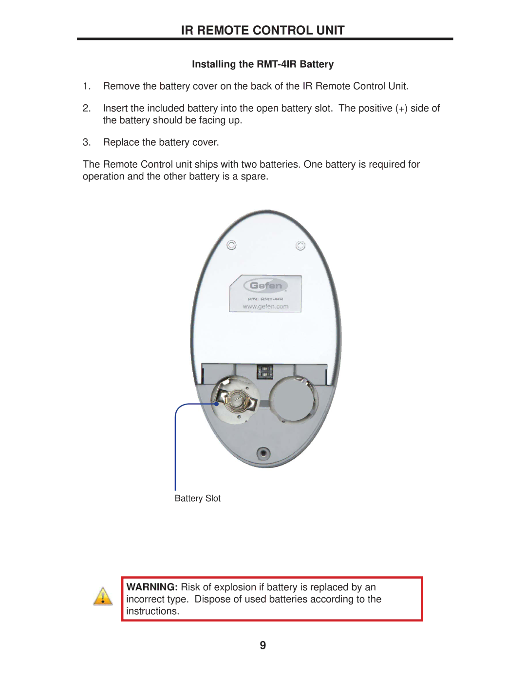 Gefen EXT-DP-441 manual Installing the RMT-4IR Battery 