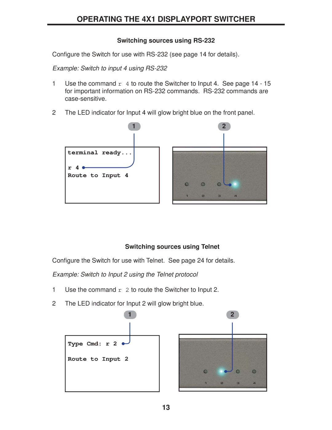 Gefen EXT-DP-441 manual Switching sources using RS-232, Switching sources using Telnet 