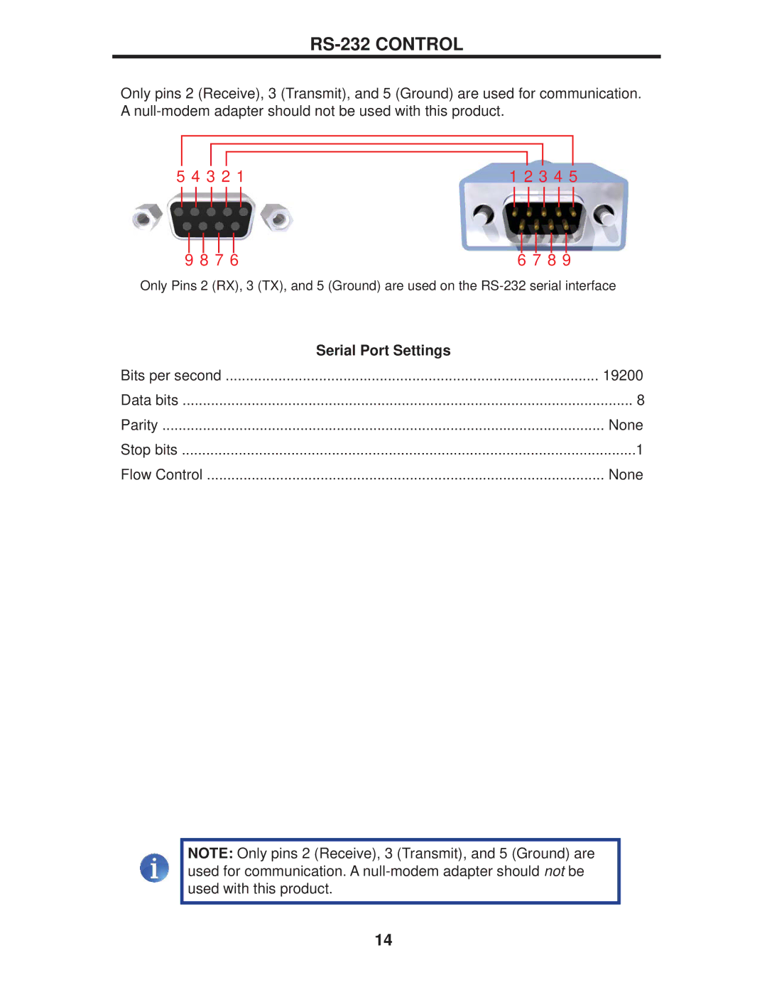 Gefen EXT-DP-441 manual RS-232 Control, Serial Port Settings 