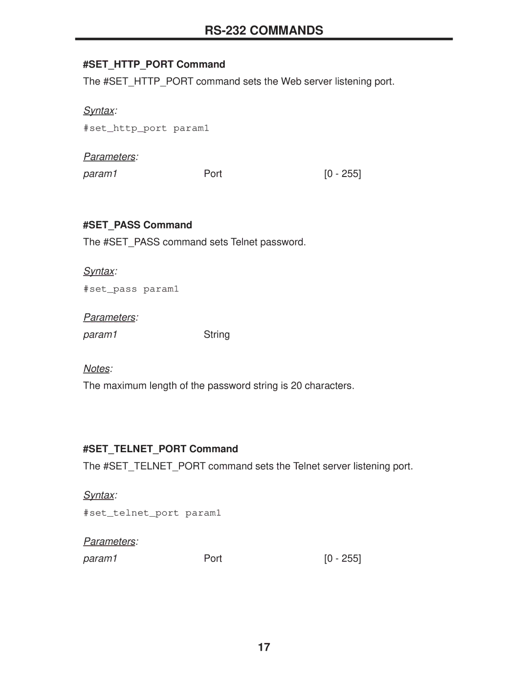 Gefen EXT-DP-441 manual #SETHTTPPORT Command, #SETPASS Command, #SETTELNETPORT Command 