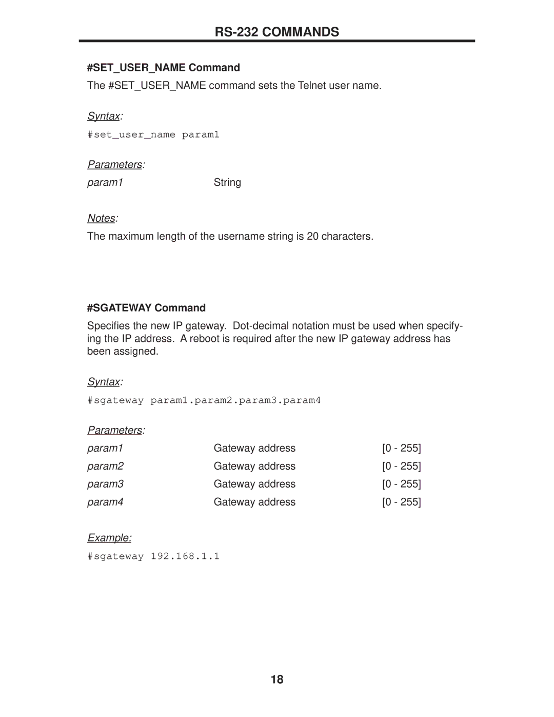 Gefen EXT-DP-441 manual #SETUSERNAME Command, #SGATEWAY Command 