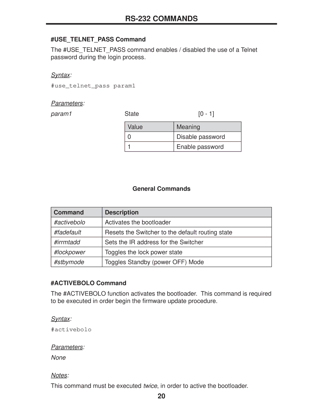 Gefen EXT-DP-441 manual #USETELNETPASS Command, #ACTIVEBOLO Command 