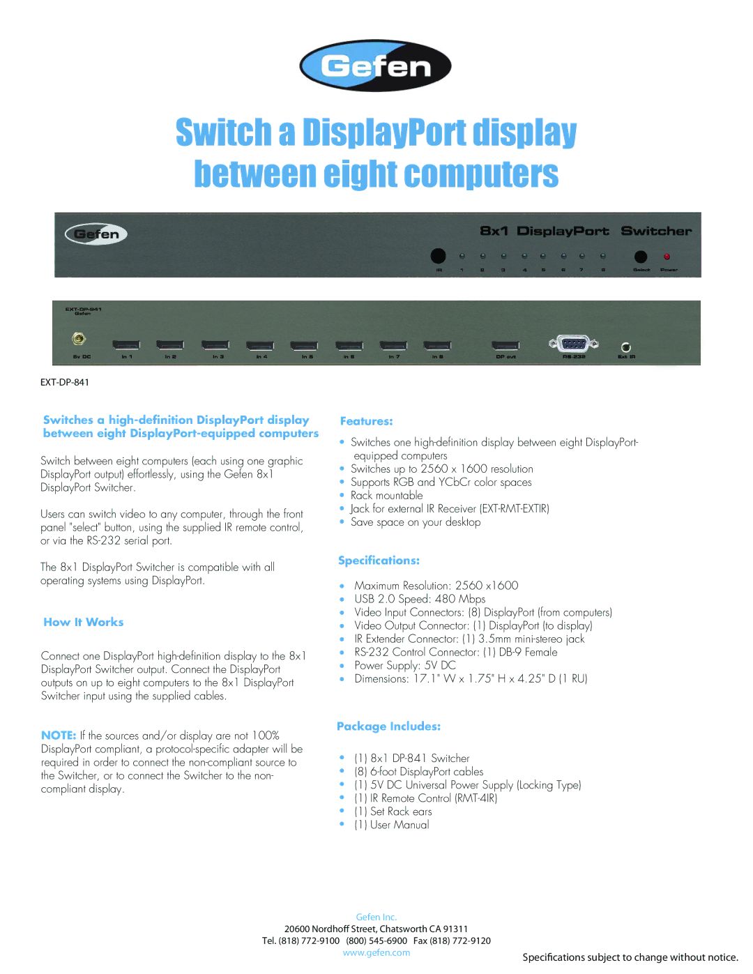 Gefen EXT-DP-841 dimensions Switch a DisplayPort display between eight computers, How It Works, Features, Speciﬁcations 