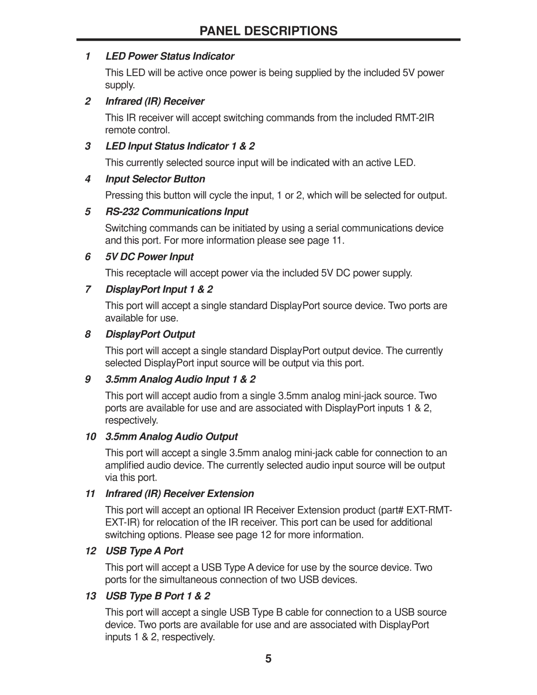 Gefen EXT-DPKVM-241 user manual Panel Descriptions, RS-232 Communications Input 