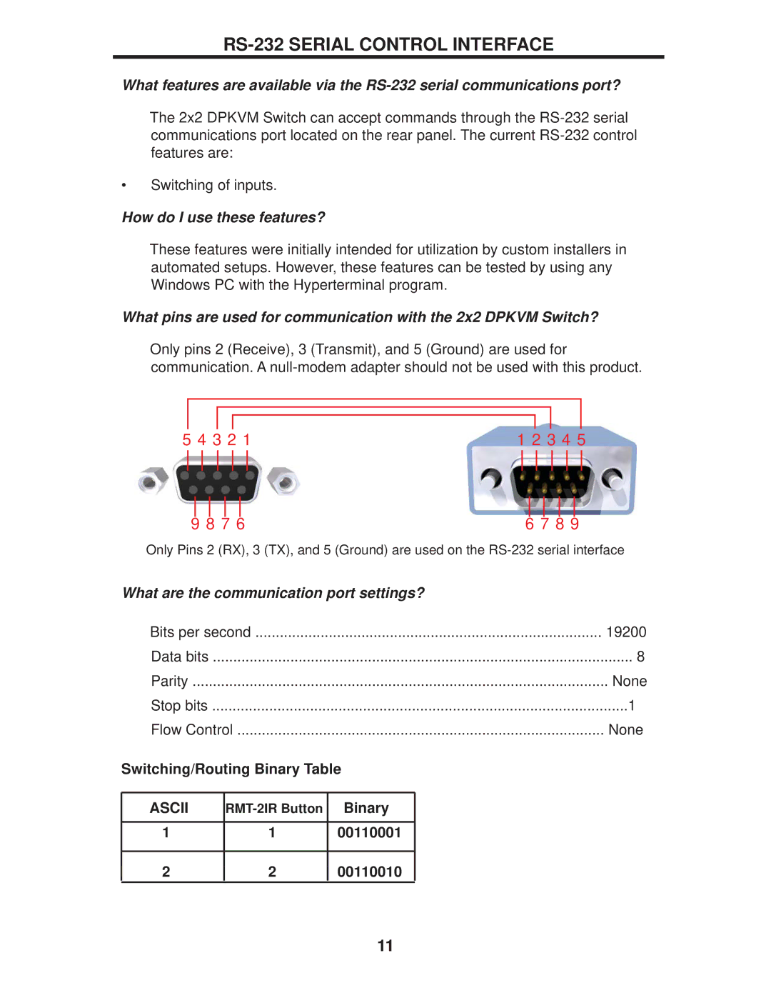 Gefen EXT-DPKVM-422 user manual RS-232 Serial Control Interface, Switching/Routing Binary Table, 00110001, 00110010 