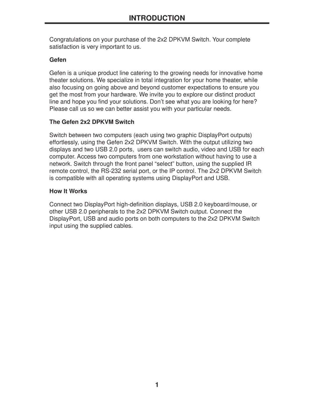 Gefen EXT-DPKVM-422 user manual Introduction, Gefen 2x2 Dpkvm Switch, How It Works 