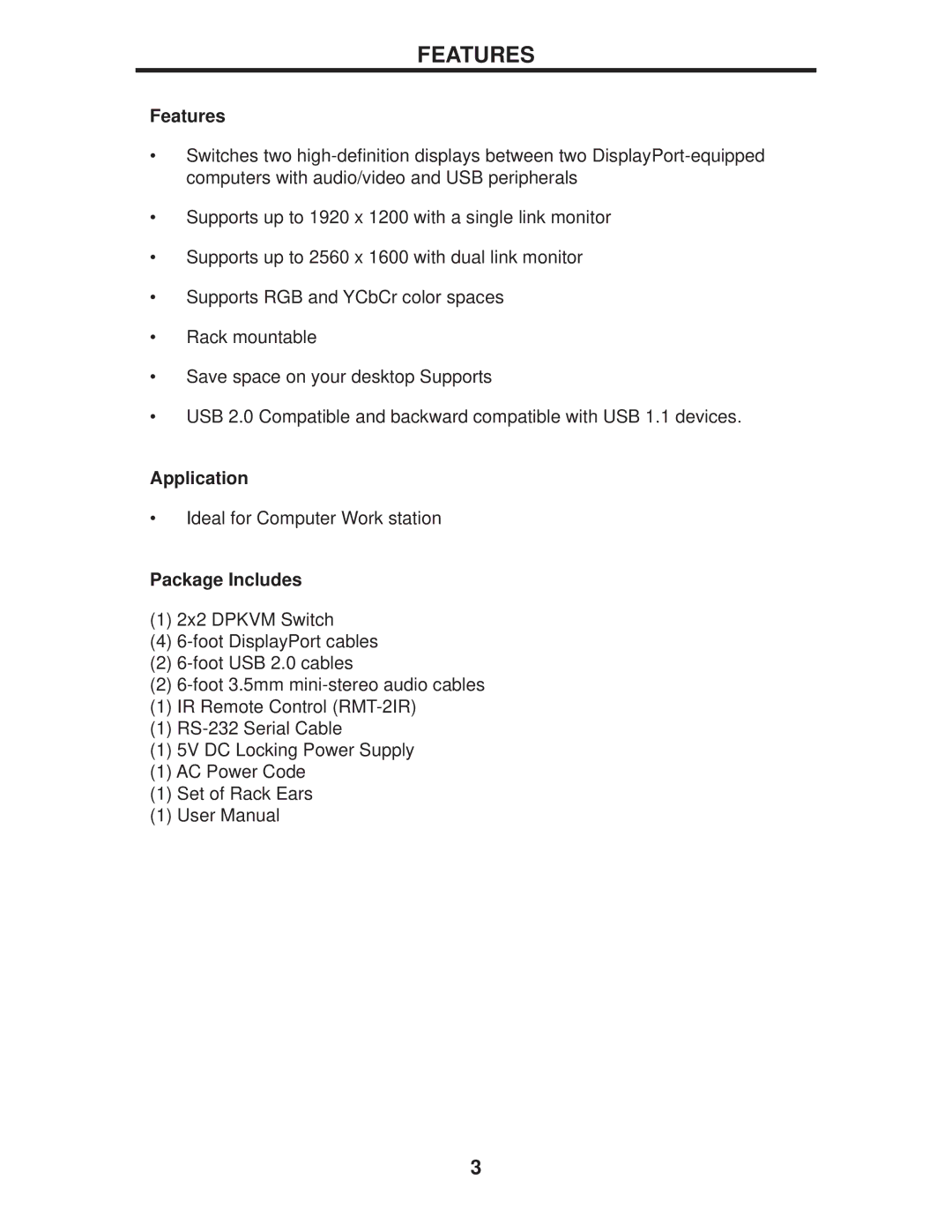 Gefen EXT-DPKVM-422 user manual Features, Application, Package Includes 