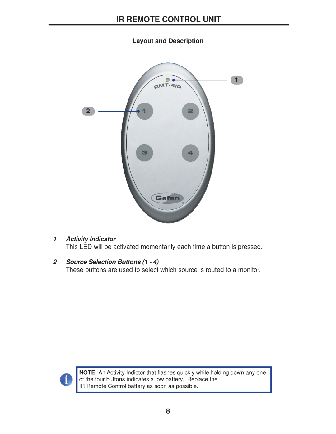 Gefen EXT-DPKVM-441 user manual IR Remote Control Unit, Layout and Description 