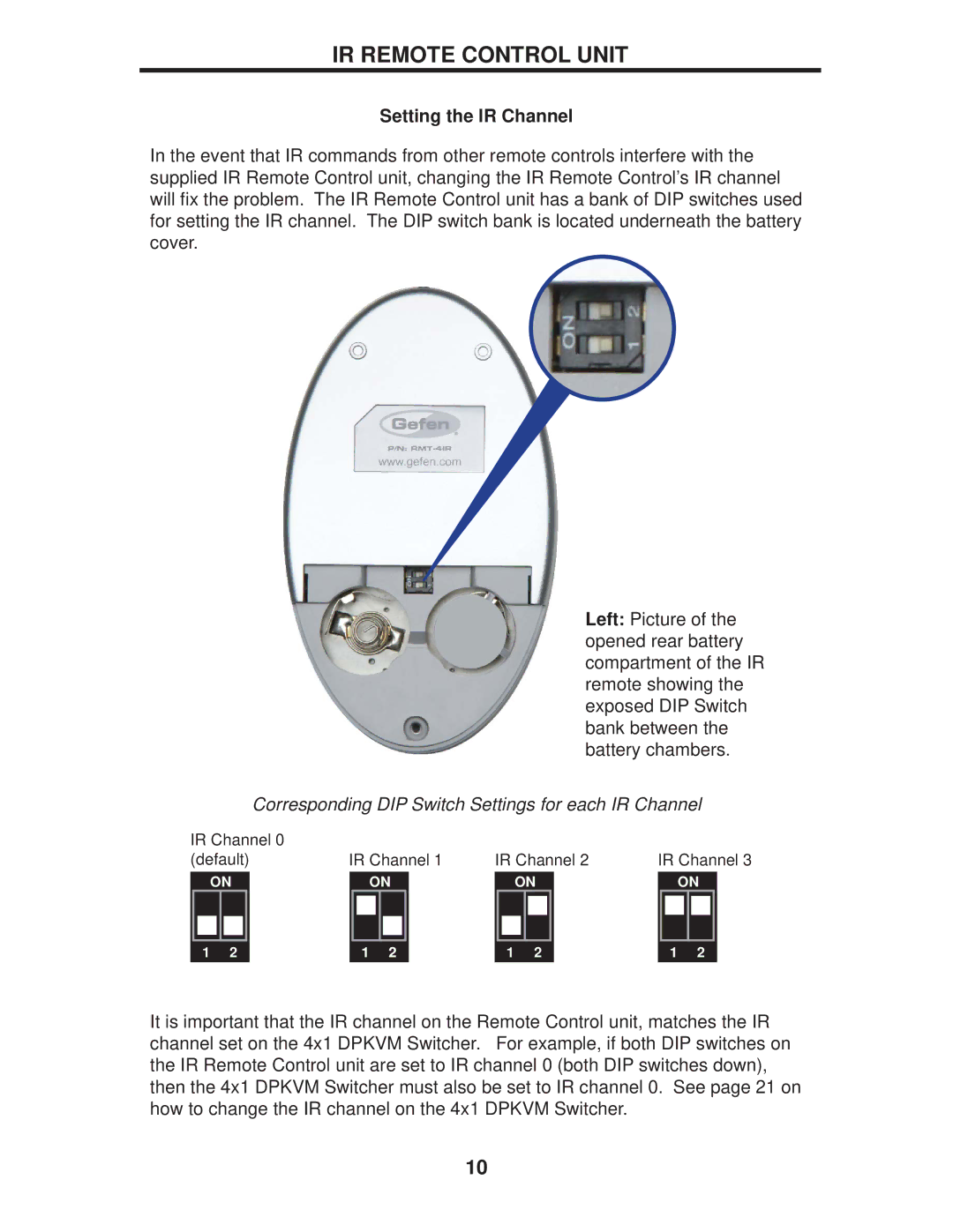 Gefen EXT-DPKVM-441 user manual Setting the IR Channel, Corresponding DIP Switch Settings for each IR Channel 