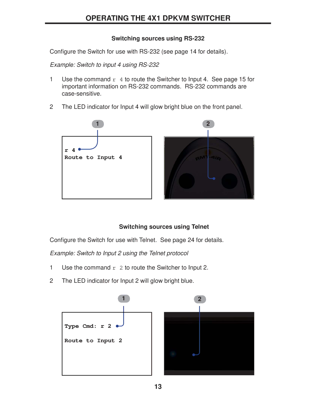 Gefen EXT-DPKVM-441 user manual Switching sources using RS-232, Switching sources using Telnet 