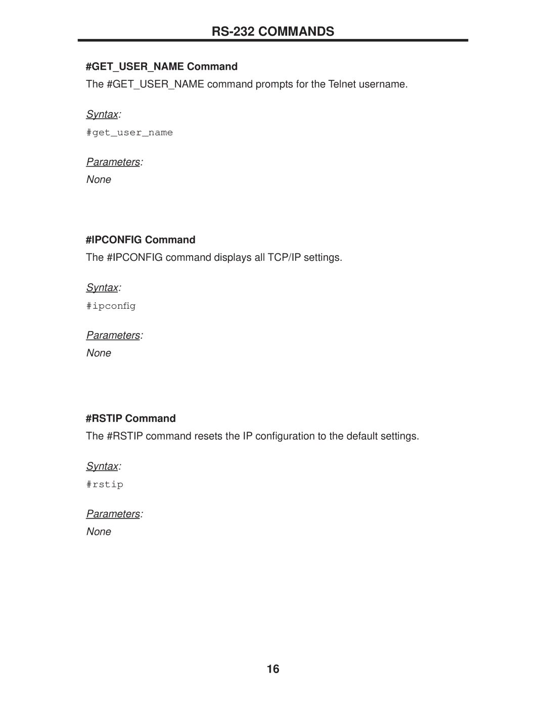 Gefen EXT-DPKVM-441 user manual #GETUSERNAME Command, #IPCONFIG Command, #RSTIP Command 