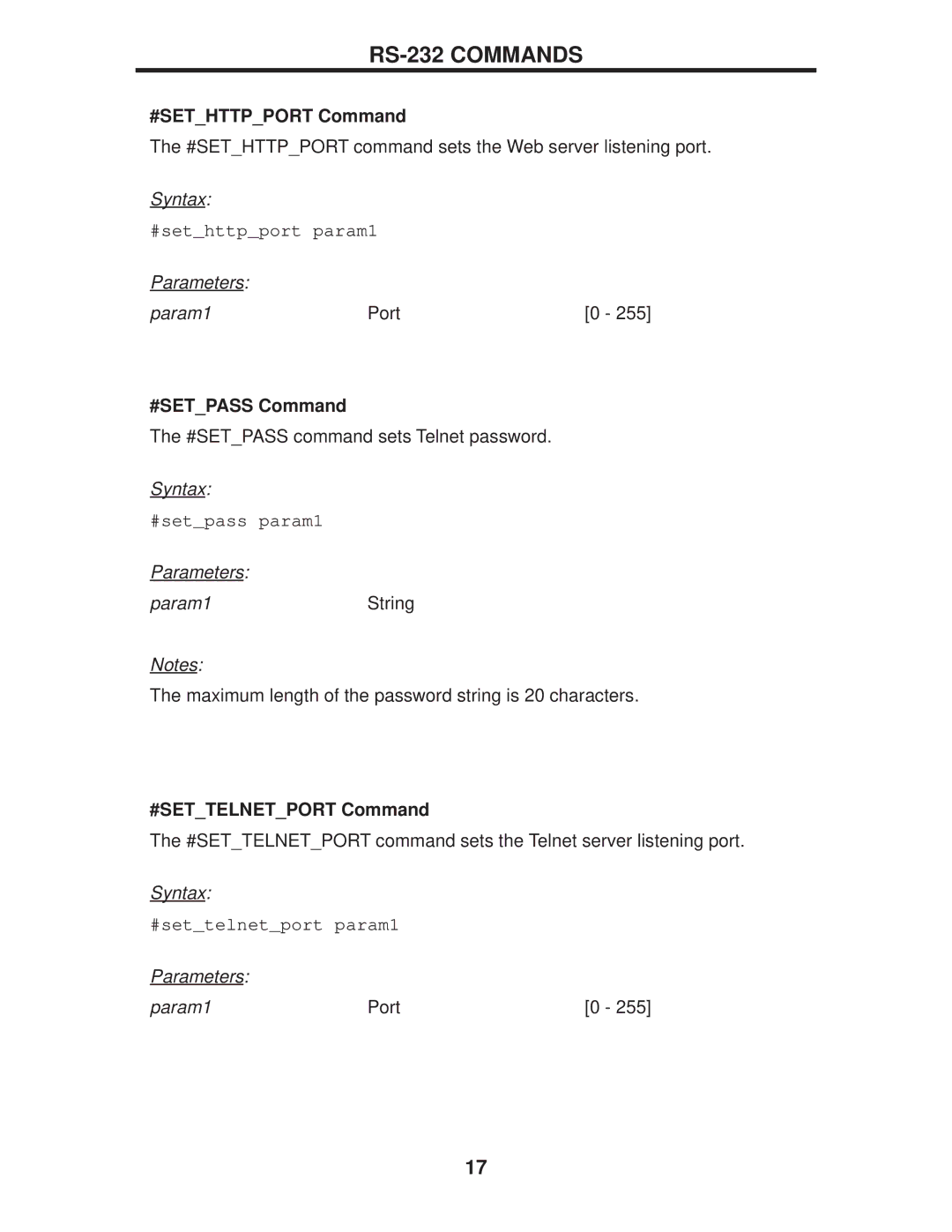 Gefen EXT-DPKVM-441 user manual #SETHTTPPORT Command, #SETPASS Command, #SETTELNETPORT Command 