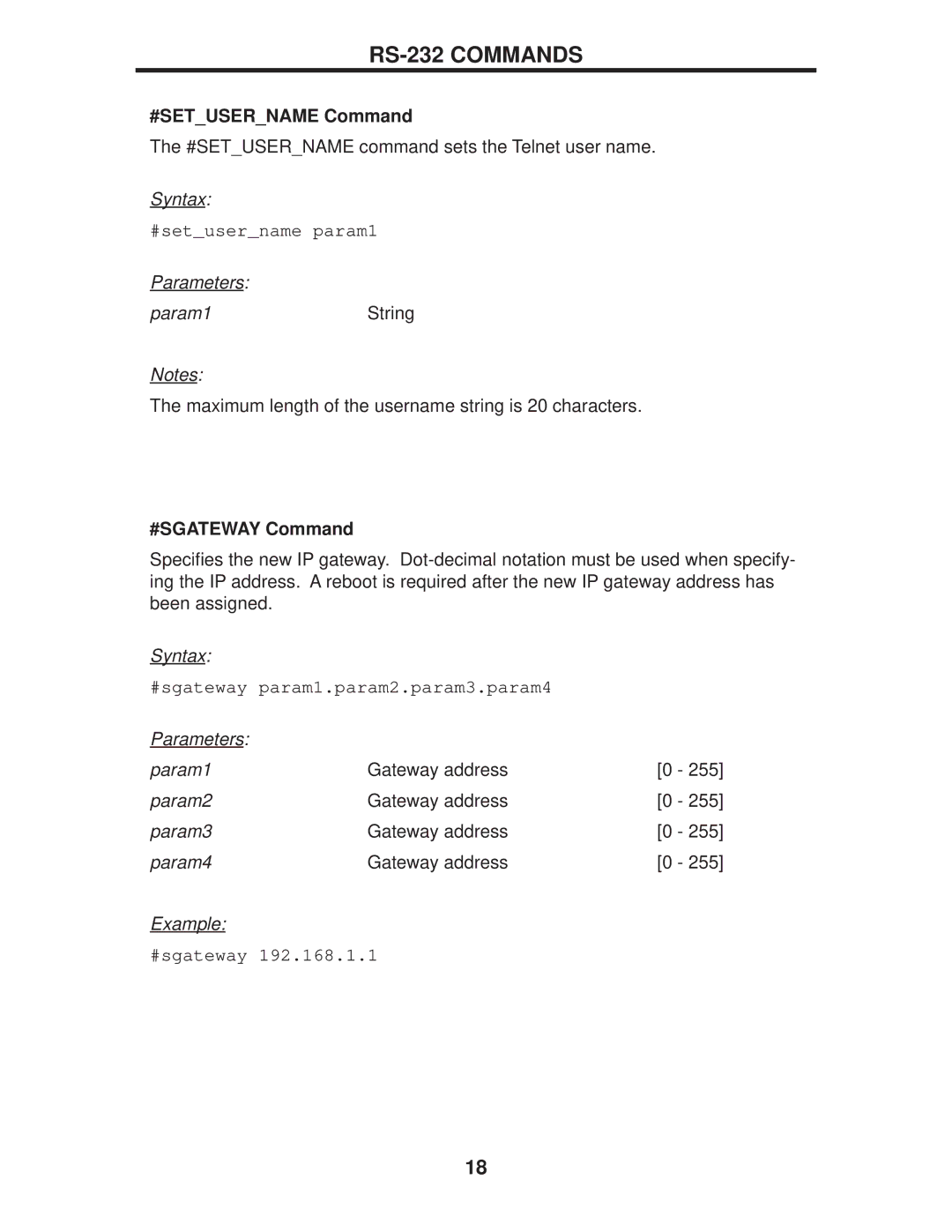 Gefen EXT-DPKVM-441 user manual #SETUSERNAME Command, #SGATEWAY Command 