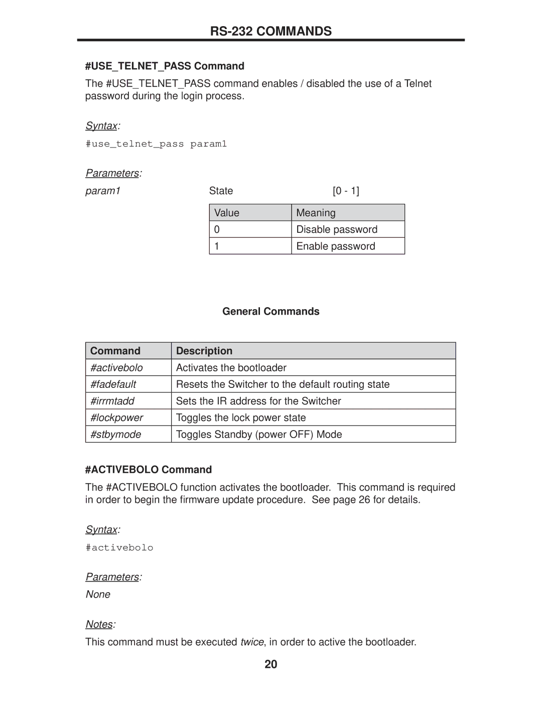 Gefen EXT-DPKVM-441 user manual #USETELNETPASS Command, #ACTIVEBOLO Command 