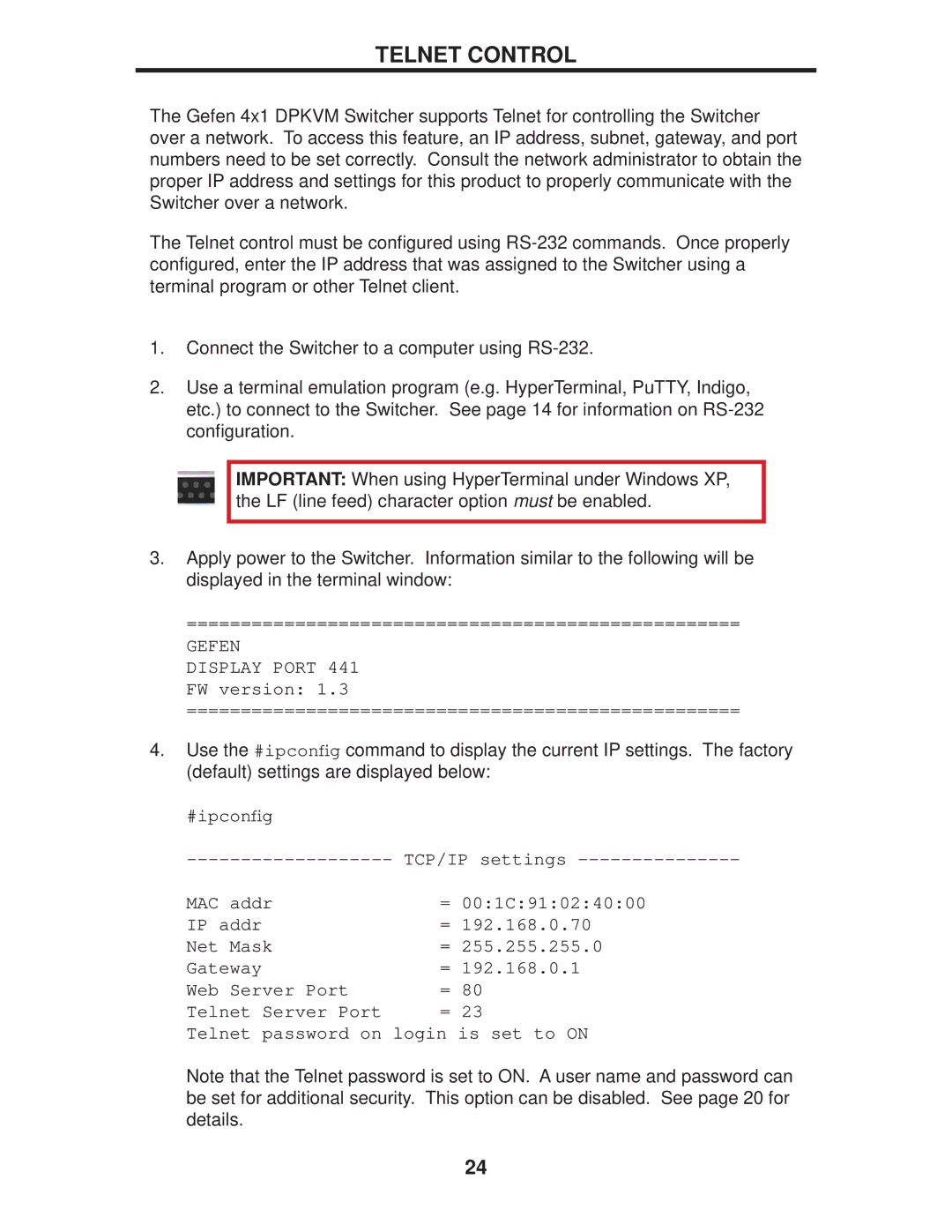 Gefen EXT-DPKVM-441 user manual Telnet Control, Gefen 