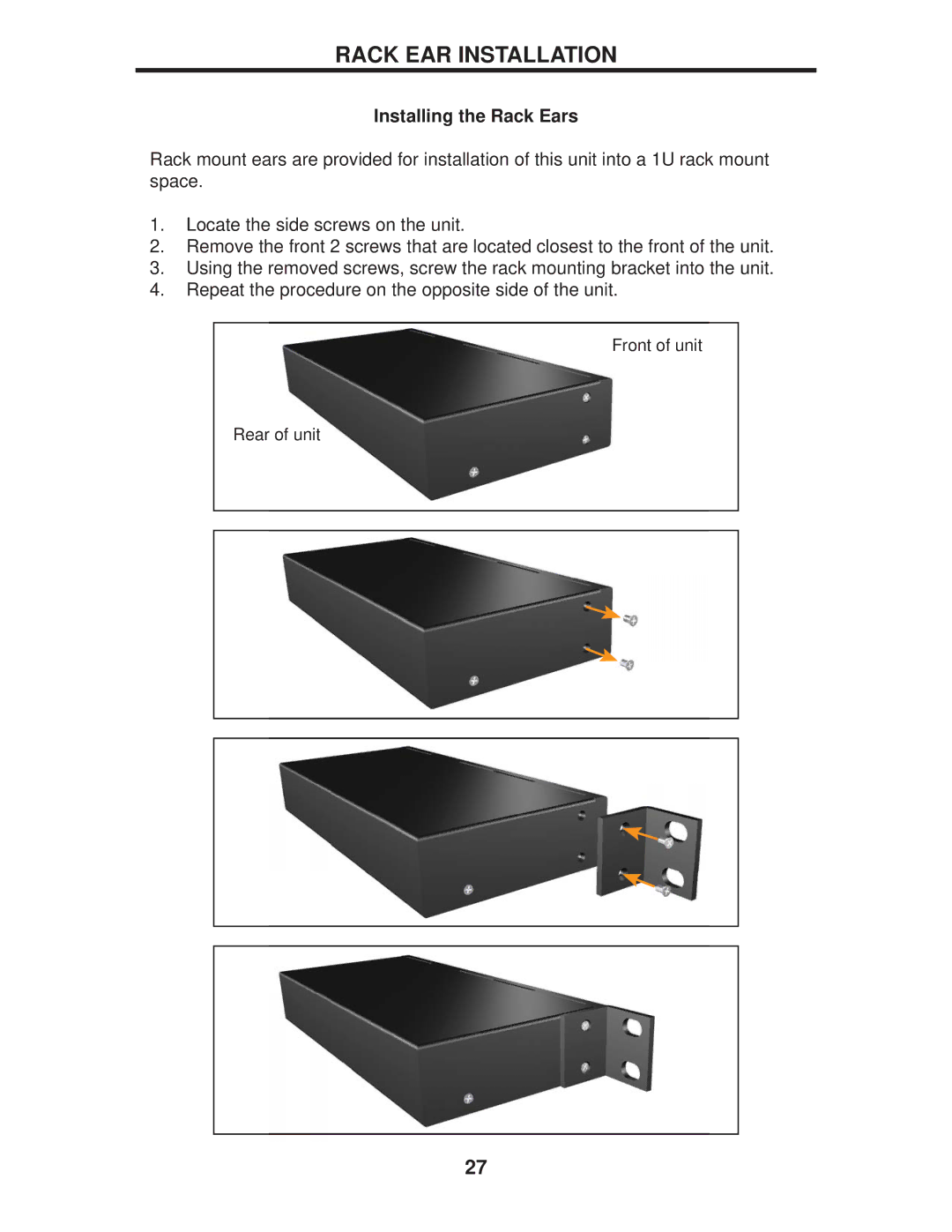 Gefen EXT-DPKVM-441 user manual Rack EAR Installation, Installing the Rack Ears 