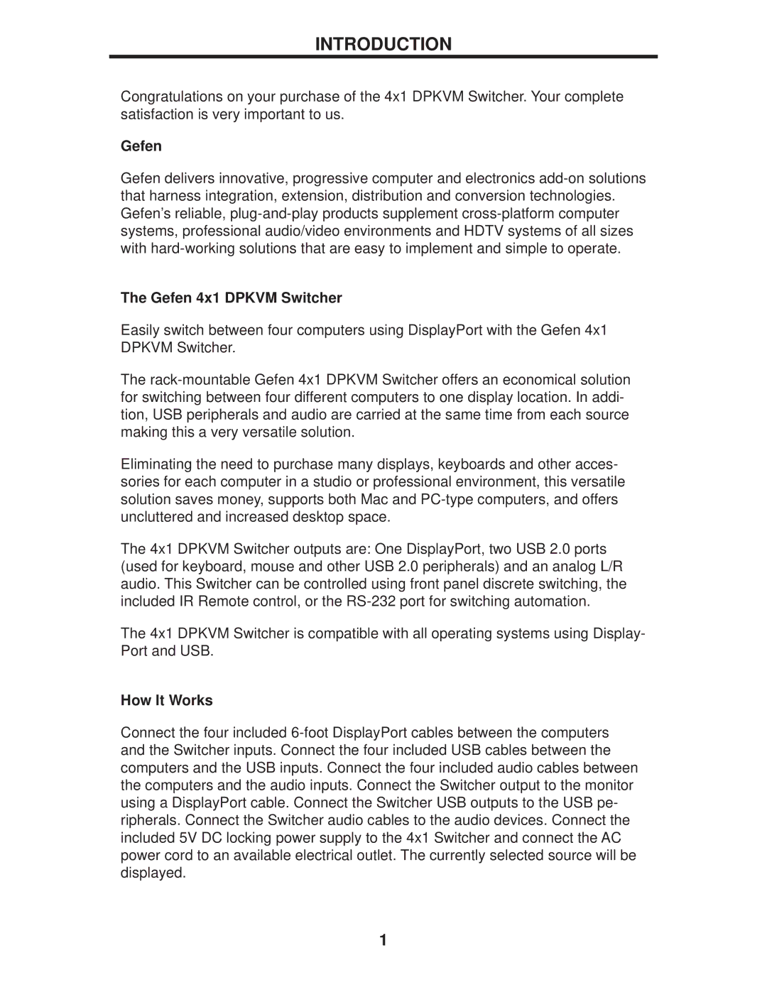 Gefen EXT-DPKVM-441 user manual Introduction, Gefen 4x1 Dpkvm Switcher, How It Works 