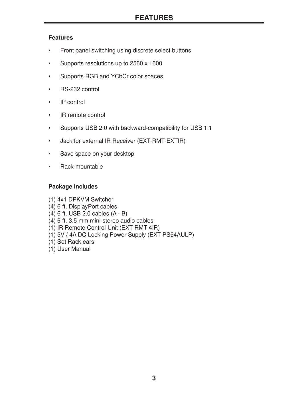 Gefen EXT-DPKVM-441 user manual Features, Package Includes 