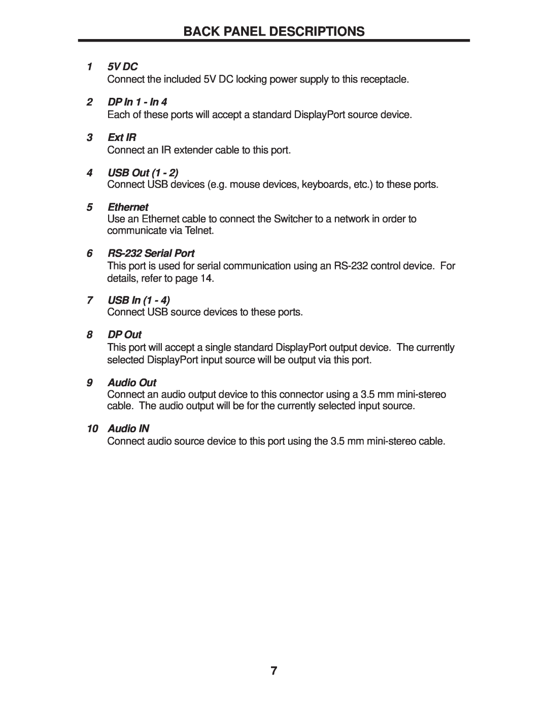 Gefen EXT-DPKVM-441 user manual Back Panel Descriptions 
