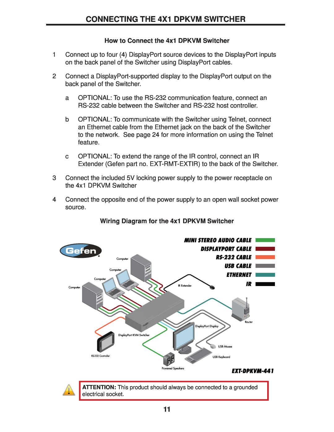 Gefen EXT-DPKVM-441 Ethernet, How to Connect the 4x1 DPKVM Switcher, Wiring Diagram for the 4x1 DPKVM Switcher, Computer 