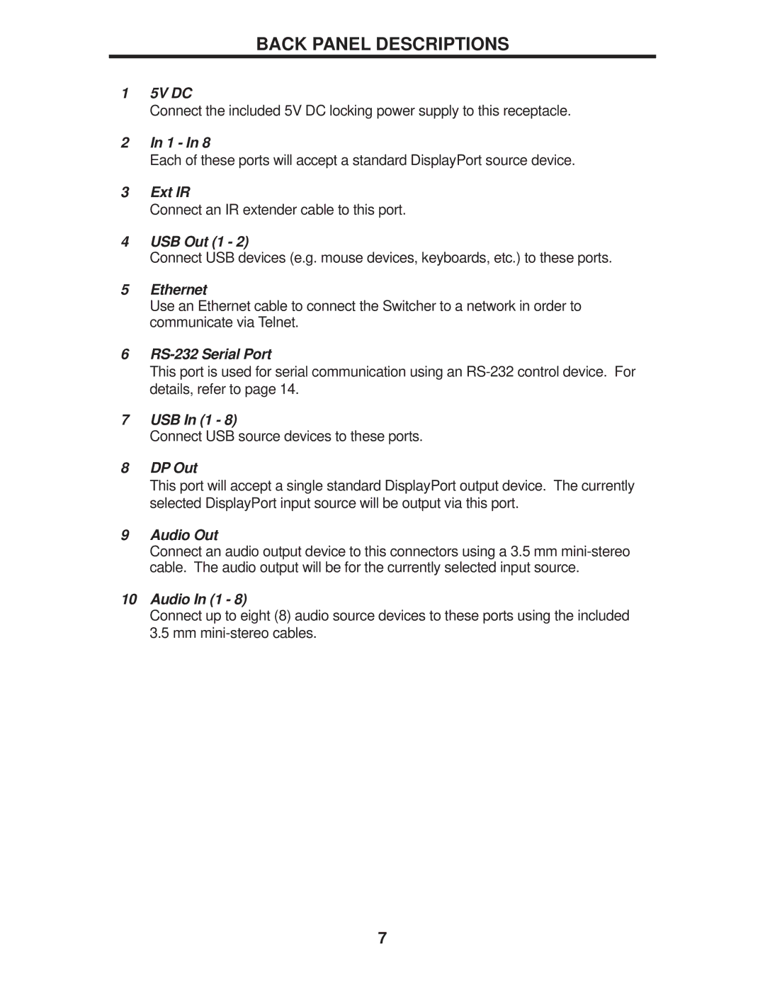 Gefen EXT-DPKVM-841 user manual Back Panel Descriptions, 5V DC 