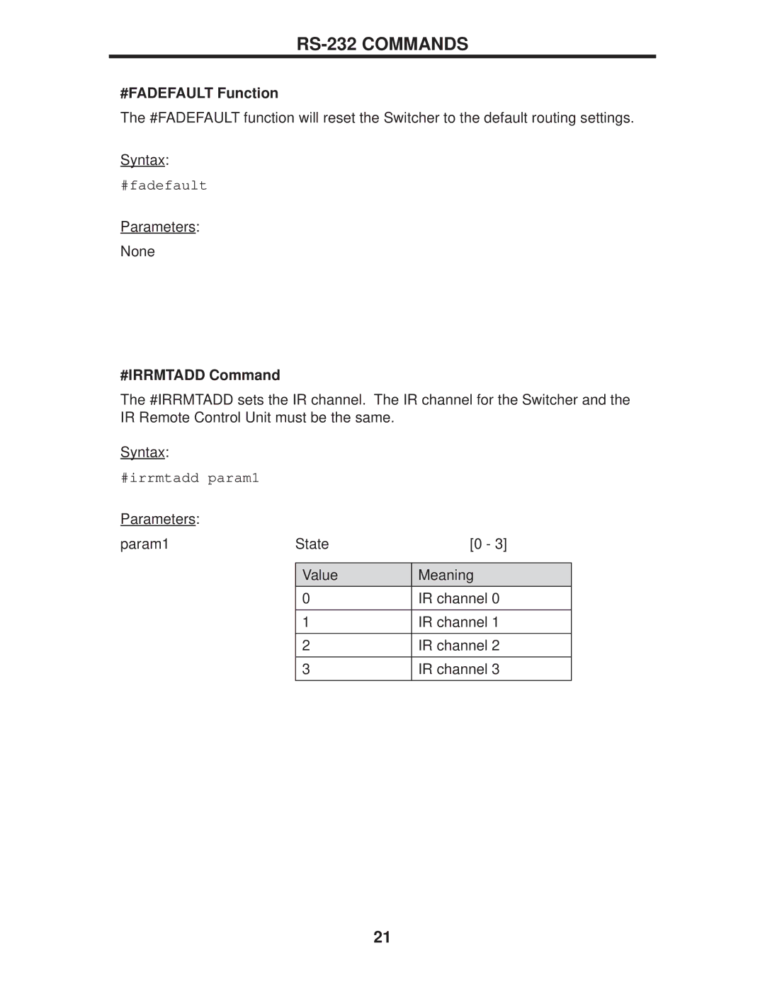 Gefen EXT-DPKVM-841 user manual #FADEFAULT Function, #IRRMTADD Command 