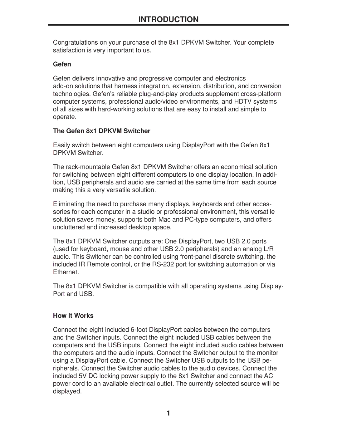 Gefen EXT-DPKVM-841 user manual Introduction, Gefen 8x1 Dpkvm Switcher, How It Works 