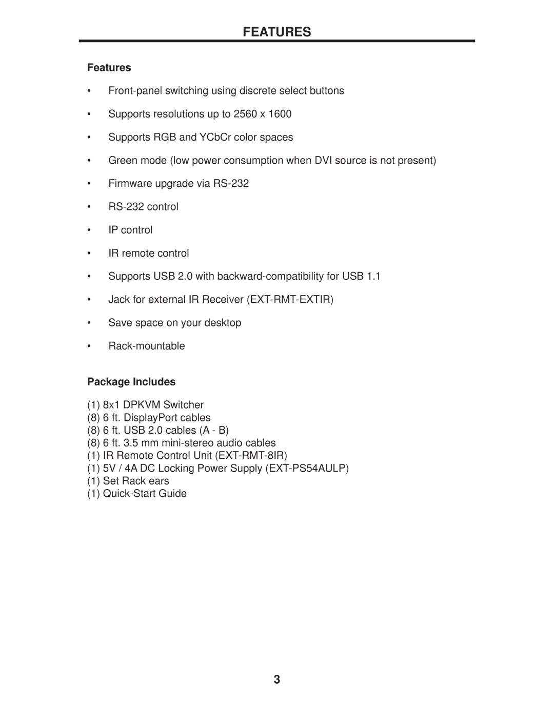 Gefen EXT-DPKVM-841 user manual Features, Package Includes 