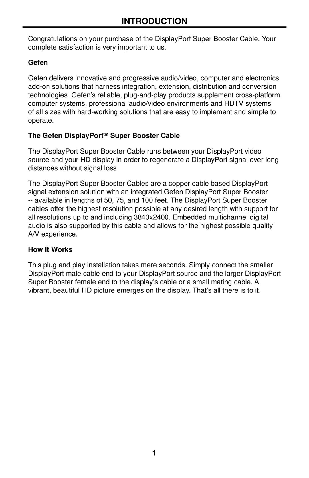 Gefen EXT-DPSB-100, EXT-DPSB-75, EXT-DPSB-50 Introduction, Gefen DisplayPorttm Super Booster Cable, How It Works 