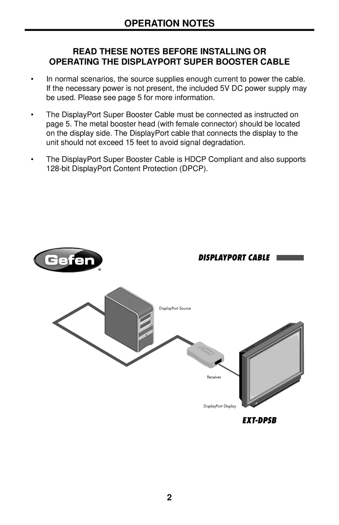 Gefen EXT-DPSB-50, EXT-DPSB-75, EXT-DPSB-100 user manual Operation Notes 